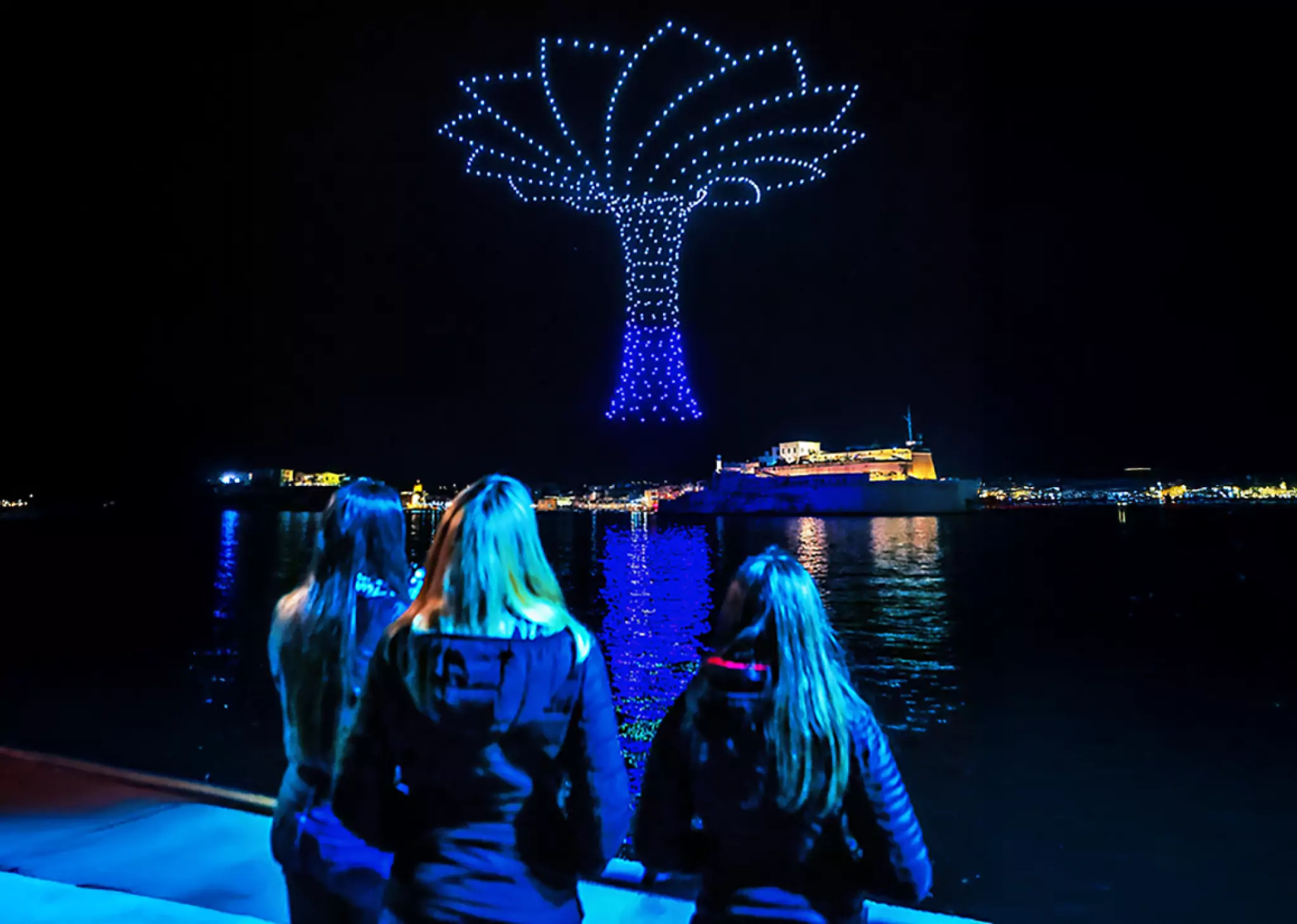 Light Drones by Pyroemotions creating a Tree of Life formation in the sky with synchronized movements and lights