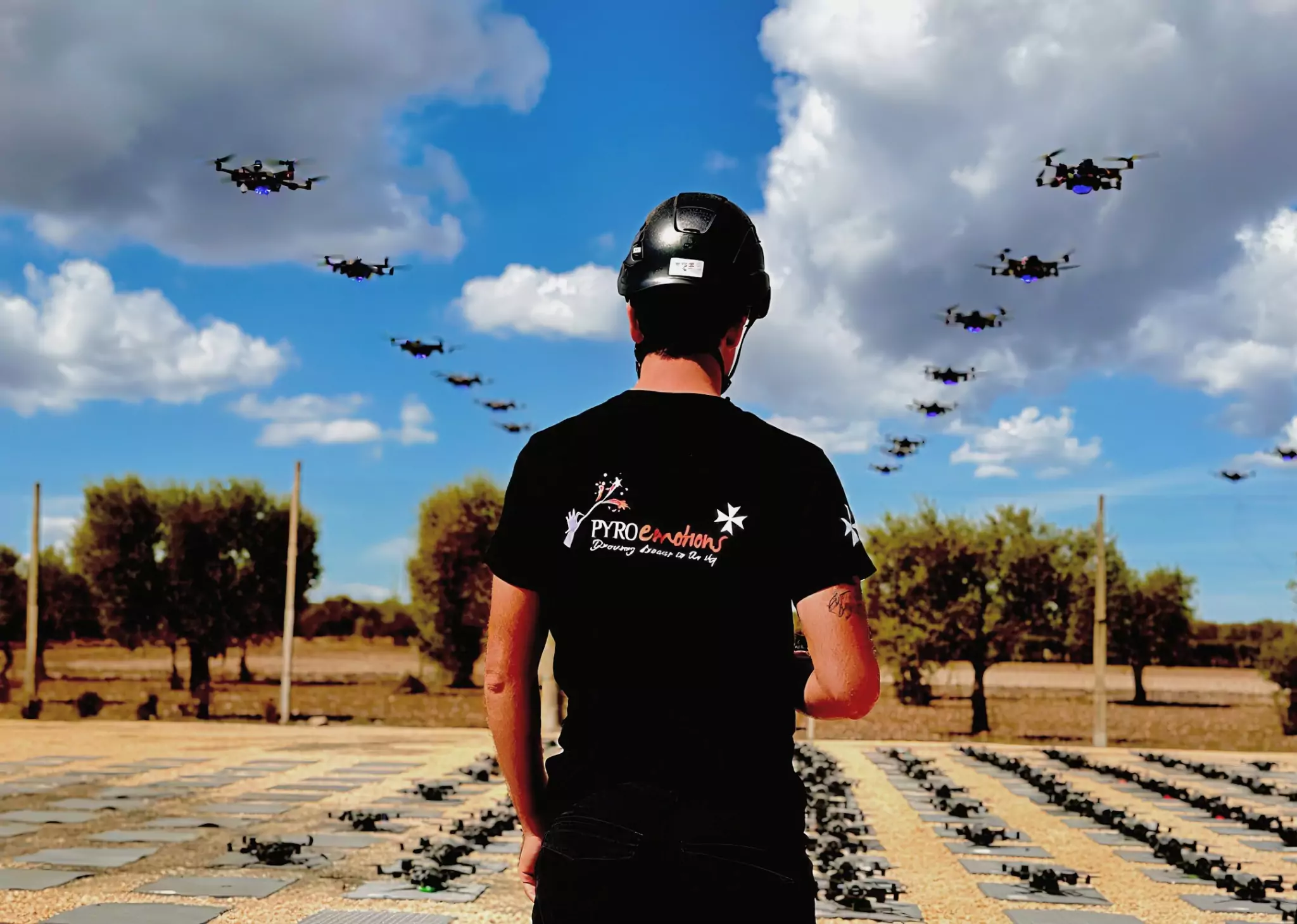 Pyroemotions fleet of advanced Pyro Drones equipped with precision GPS and pyrotechnic technology for synchronized aerial shows
