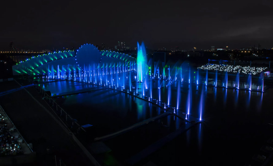 Water fountains dance in sync with music and lights, enhancing events with fluid grace and technology