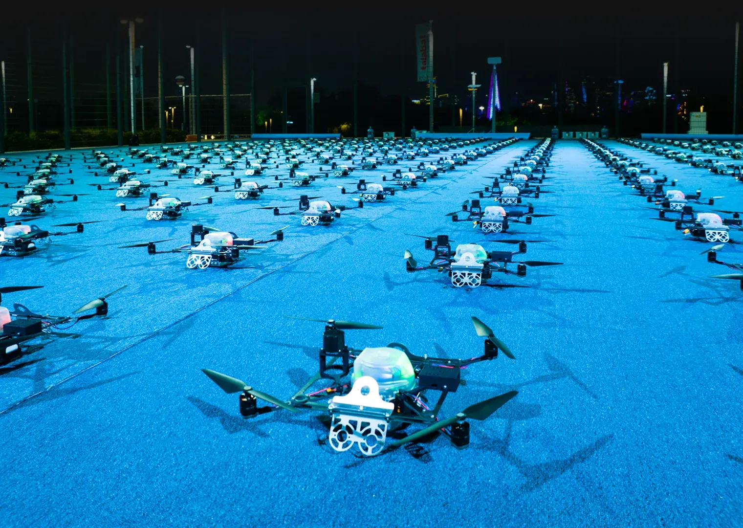 Aerial view of pyrotechnic drones ready for a night show