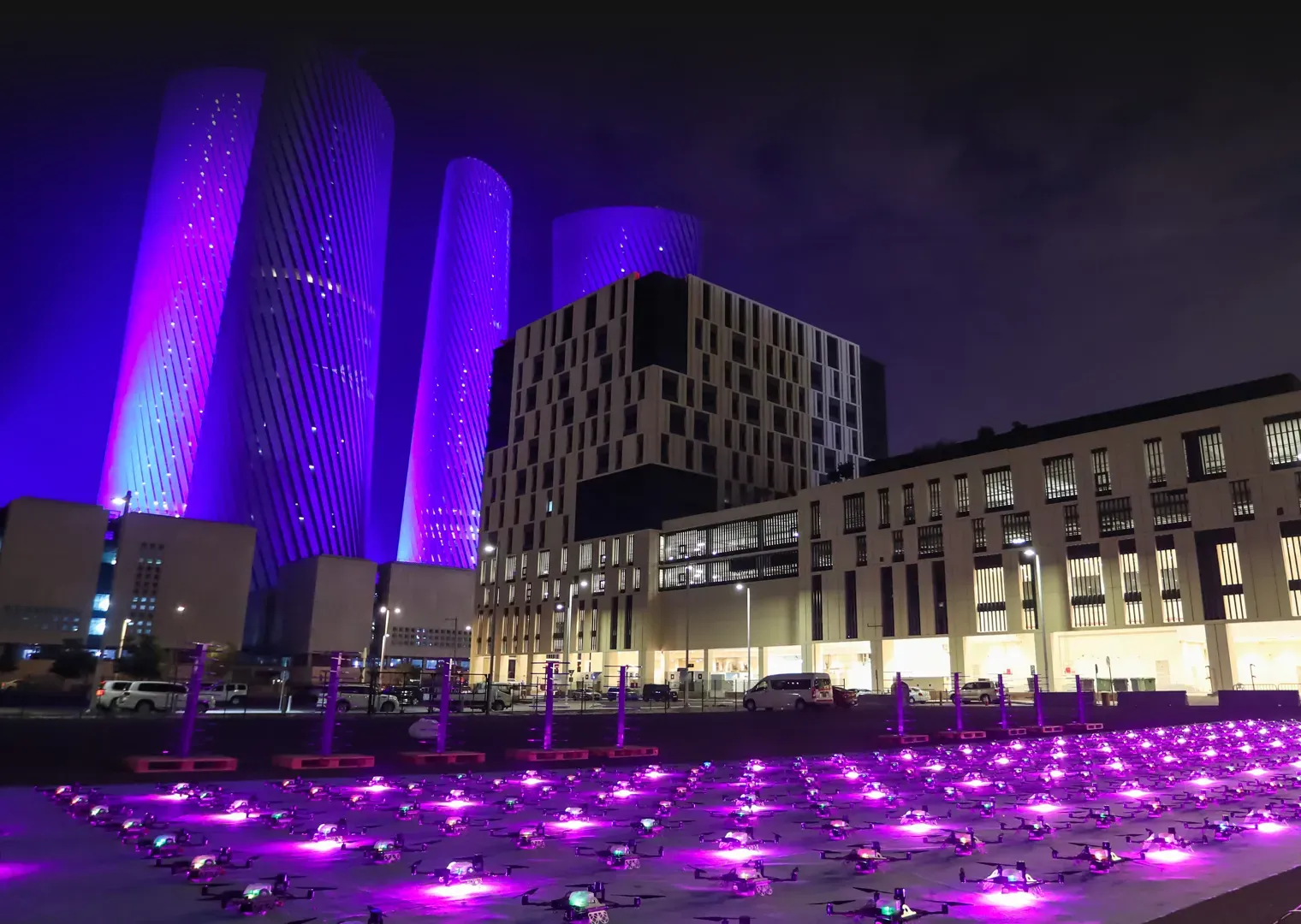 Drones with LED lights ready for a night show